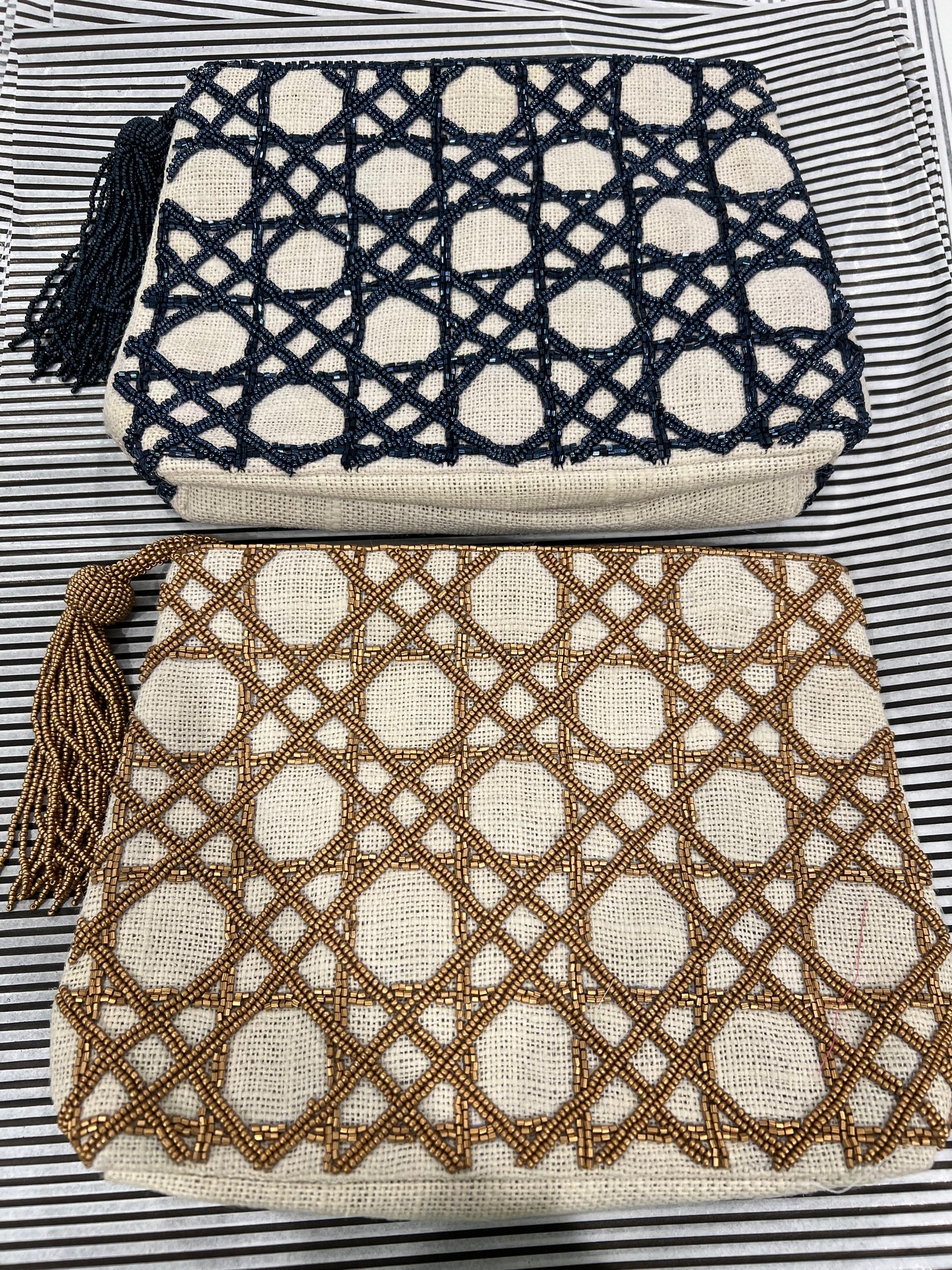 Jute Cane Lattice Bag w/Top Zipper