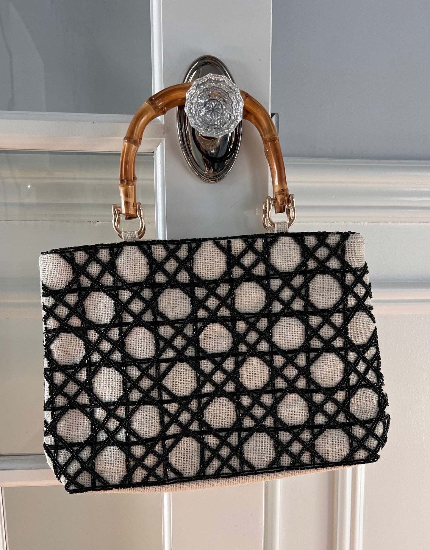 JUTE CANE LATTICE BAG with Bamboo Handle