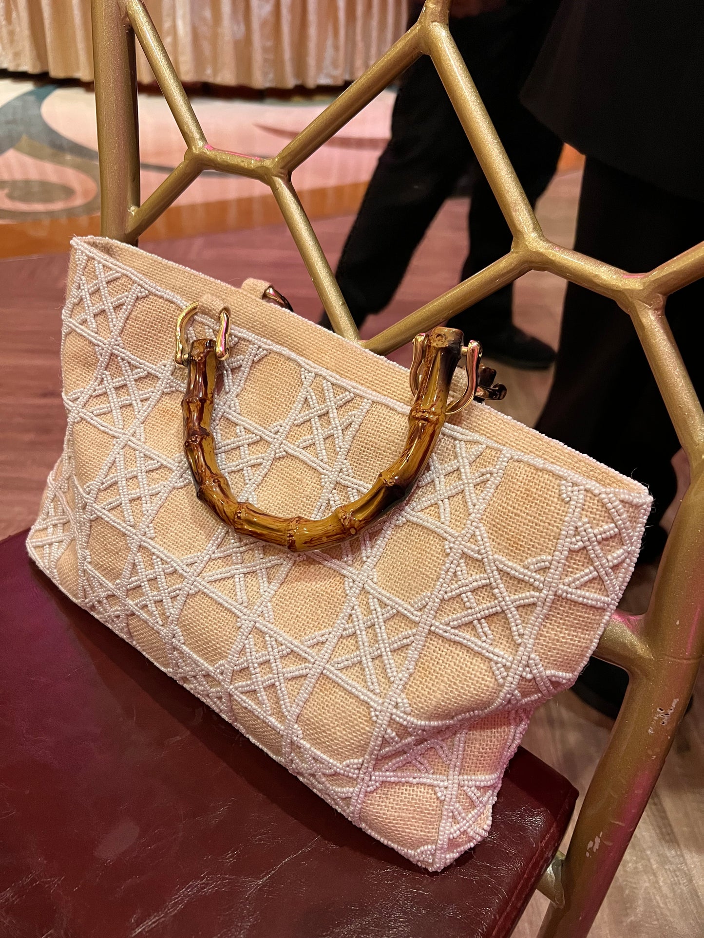 JUTE CANE LATTICE BAG with Bamboo Handle