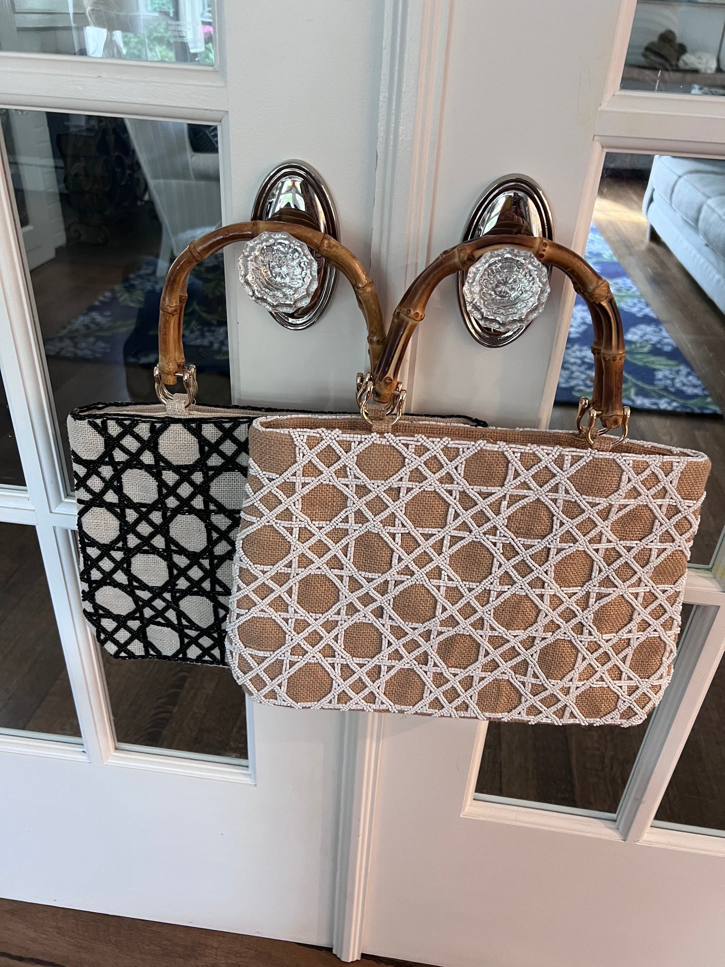 JUTE CANE LATTICE BAG with Bamboo Handle