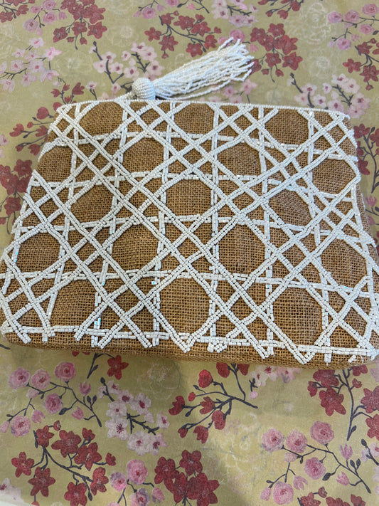 Jute Cane Lattice Bag w/Top Zipper